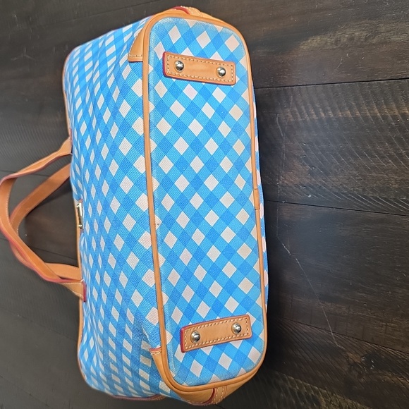 Dooney & Bourke Blue Zip Top Gingham Canvas Tote Shoulder Bag Tan Leather Accent - Picture 5 of 14
